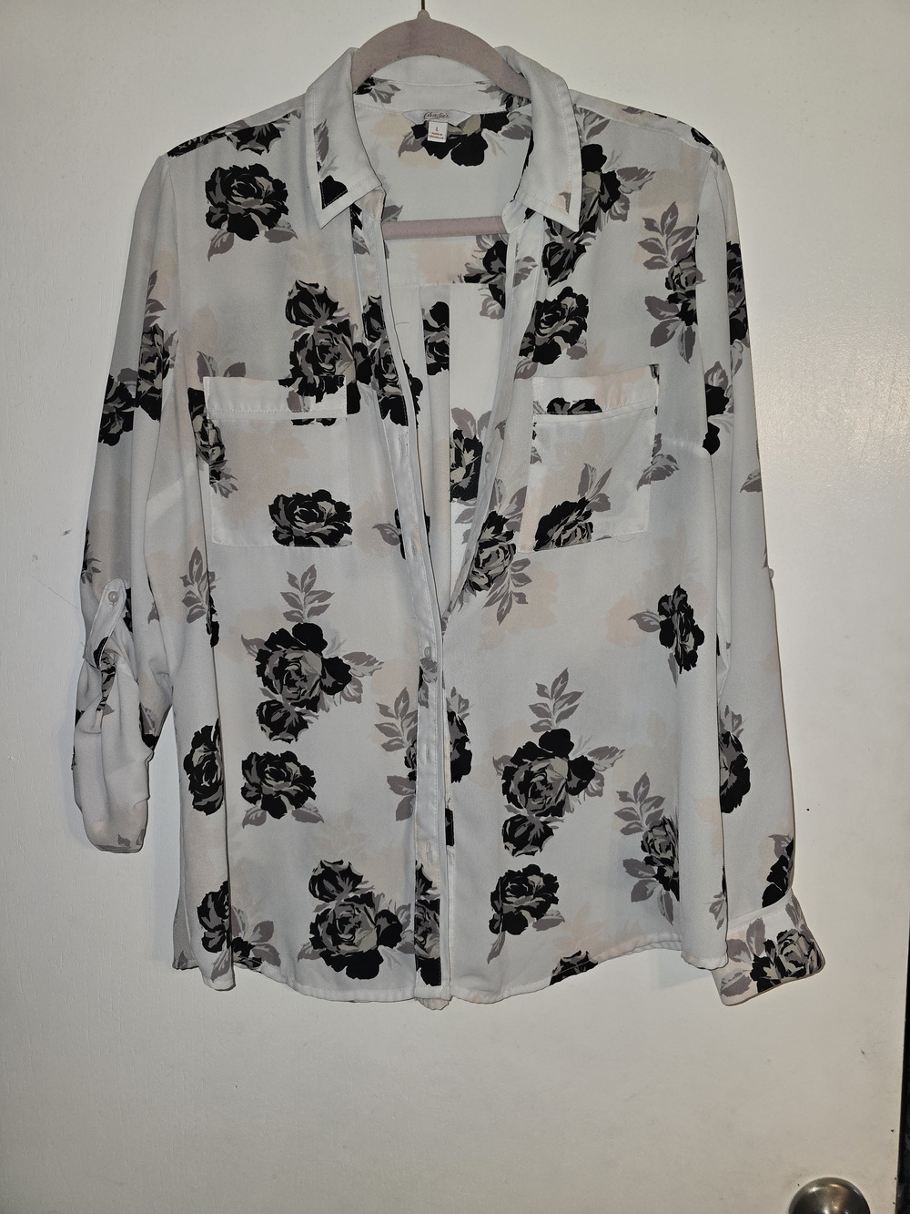 Candie's White Floral Button-Down Shirt with Black and Gray Roses